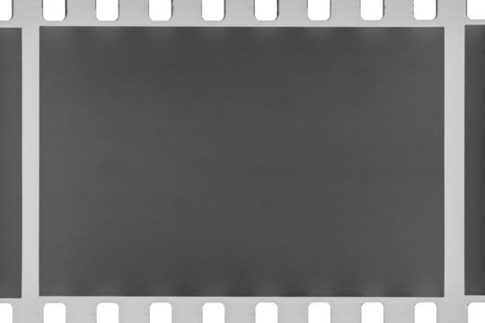 35mm black and white negative film strip with perforations and grains. Transparent PNG image.