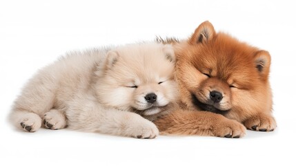 Fototapeta premium Two Fluffy Chow Chow Puppies Cuddling on White Background