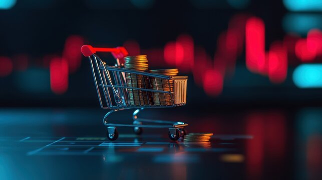 Small shopping cart filled with gold coins on a dark surface, showcasing investment growth against a colorful financial graph background