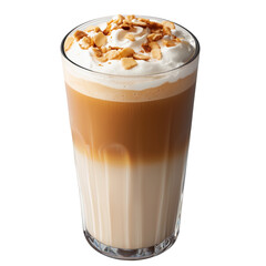 A delicious layered coffee drink topped with whipped cream and sprinkled with nuts, served in a tall glass. isolated on white background and transparent background