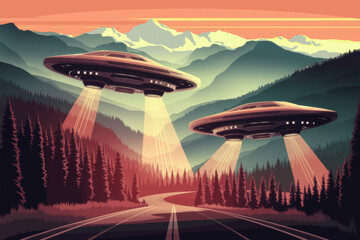 Intriguing UFOs Hovering Over Majestic Mountain Landscape at Dusk with Vibrant Sunset Colors