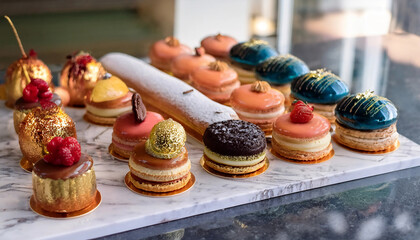 Naklejka premium A collection of luxurious French pastries displayed on a marble counter. Delicate éclairs, colorful macarons, and glossy fruit tarts with gold leaf accents