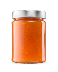 Peach jam in clear glass jar with silver lid isolated. Transparent PNG image.