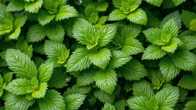Close Up Of Lush Green Mint Leaves with Water Droplets Showing Detailed Texture