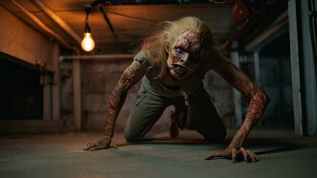 Grotesque zombie-like creature with long limbs crawls aggressively on the basement floor, snarling under warm light in a tense horror setting