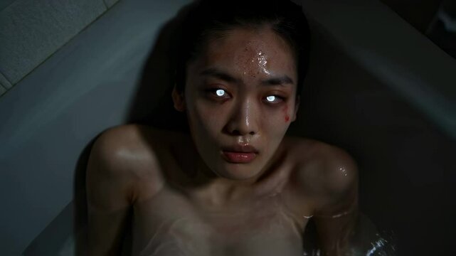 Young woman with glowing white eyes lies in bathtub, staring upward in silence with wet skin, evoking supernatural possession and psychological horror