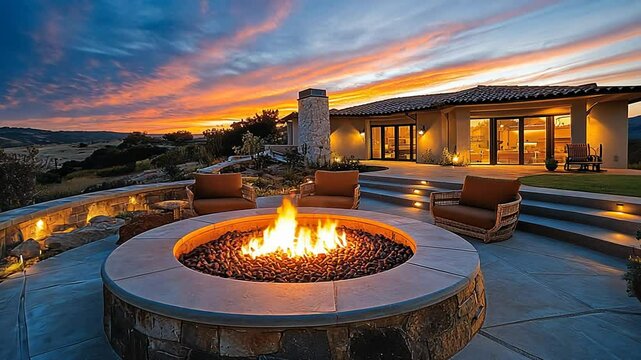 Sunset fire pit patio, modern home