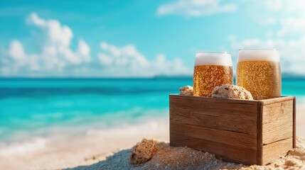 Refreshing drinks in cooler box by the beach with stunning ocean view on a sunny summer day