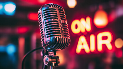 A radio studio setup with a microphone, a mixing console and a lit sign "ON AIR". Radio and broadcasting concept.