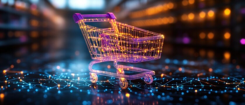 A glowing wireframe shopping cart on a network of nodes representing the future of online shopping and digital commerce in 3D design concept illustration