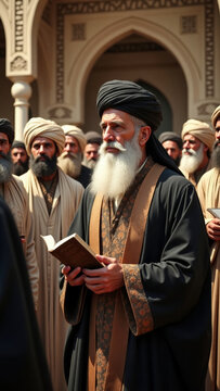 An elderly sheik in the past, surrounded by a group of Muslim people in traditional Middle Eastern attire