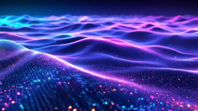 Flowing streams of binary code transform into vibrant waves of neon light shifting in synchronization moving through a virtual digital ocean 
