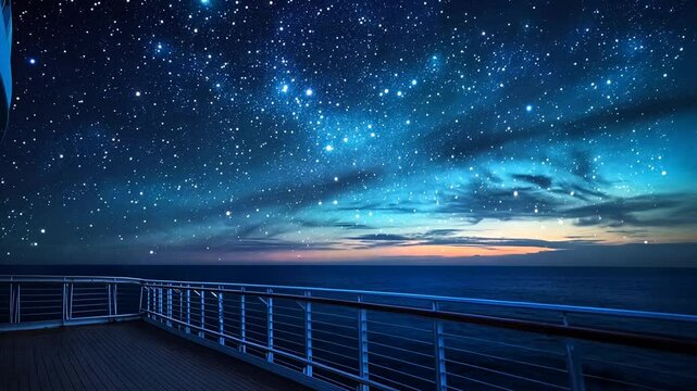Ocean cruise ship deck at night under a sky full of stars and milky way galaxy