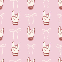 Fototapeta premium Coquette seamless pattern. Girly punk rock and roll marker endless background. Bow and horns repeat cover. Crayon continuous ornament. Surface pattern design ribbon. Vector hand drawn illustration.