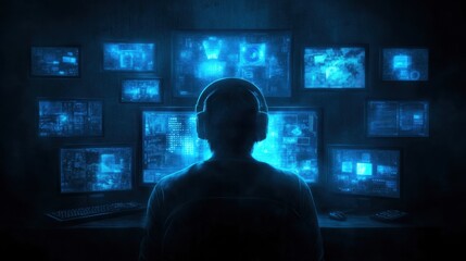 Man with headphones in front of multiple screens displaying blue digital data and technology graphics in a dark environment, suggesting focus and concentration