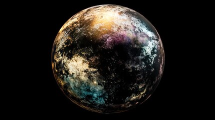 A metallic planet with a reflective surface, capturing the colors of the surrounding space
