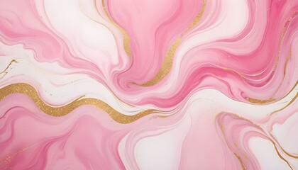 Abstract background with a fluid, marble-like texture in shades of pink and white, accented with gold glitter veins, creating a luxurious and elegant effect