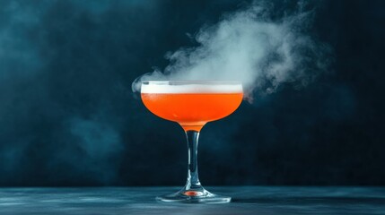 Vibrant Orange Cocktail with Smoke Effect in Elegant Glass Set Against a Dark Background, Capturing the Essence of Sophistication and Mystery