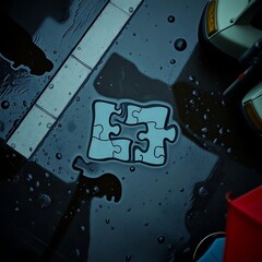 Wet pavement reflects a puzzle piece.