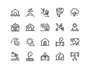Emergency & Disaster Vector Icon Set | Adjustable Line Weight | Flood, earthquake, wildfire, tornado, tsunami, drought, volcano, pollution, storm, hazard, climate, landslide, crisis icons