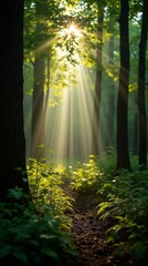 Fototapeta premium Rays of sunlight creating a divine light effect in a dense green forest