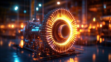 Obraz premium Close-up view of a glowing intricate jet engine turbine illuminated in warm orange and cool blue hues against a blurred industrial background of lights