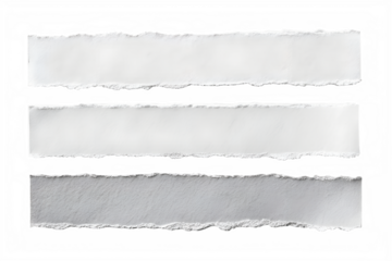 Set of three horizontal torn paper strips with rough edges, isolated on transparent background for design and text placement