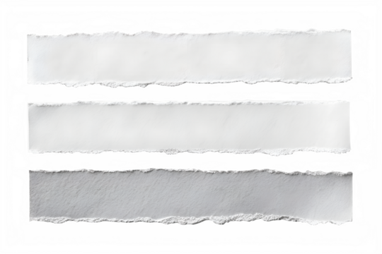 Set of three horizontal torn paper strips with rough edges, isolated on transparent background for design and text placement