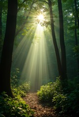 Obraz premium Rays of sunlight creating a divine light effect in a dense green forest