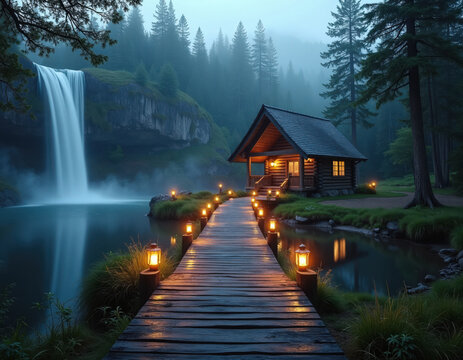 Romantic log cabin near waterfall at dusk, wooden path with lanterns leads to cozy retreat in forest. Generative AI