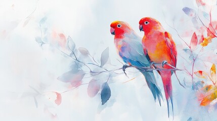 Watercolor Painting of Two Lovebirds Perched on a Branch Amidst Delicate Watercolor Leaves