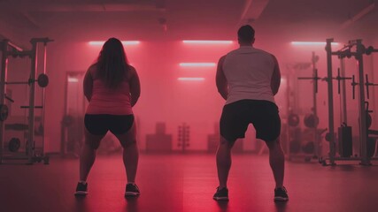Overweight man and woman perform squats together in a gym with red lighting, showing determination and strength as they pursue fitness and body transformation goals