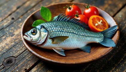 Fish scales design on a wooden plate, seafood, restaurant