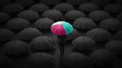 Obraz premium A Unique Individual with a Colorful Umbrella Stands Out in a Sea of Gray Umbrellas in an Artistic and Dramatic Outdoor Environment