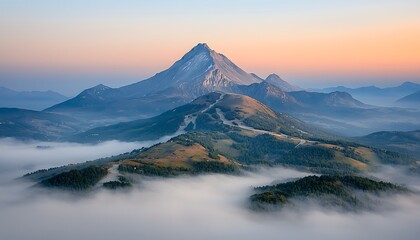 Volcanic Sunrise for Mountain Majesty, Misty Peaks.
