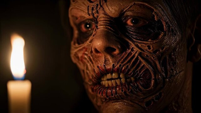 Terrifying mutant with mutilated face and stitched mouth staring at candlelight in darkness, creating a chilling atmosphere of fear and suspense
