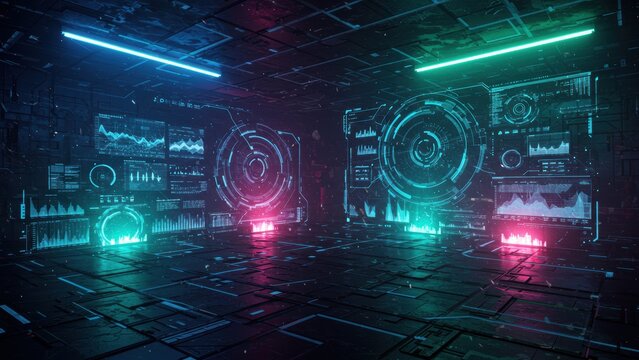 A futuristic digital room with neon data visuals and holographic displays.