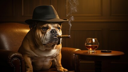 A stylish bulldog in a hat, relaxed with cigar and drink.