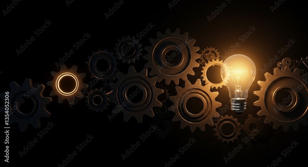 Poster a light bulb is shining on a series of gears