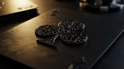 Close-up of an ornate playing card and gaming chips on a table.