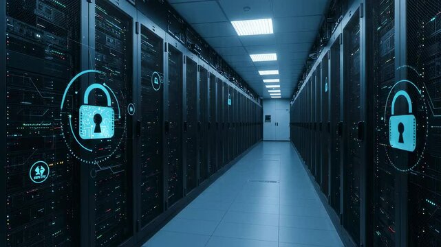 Modern server room with rows of racks and holographic padlocks emphasizing cybersecurity and data protection