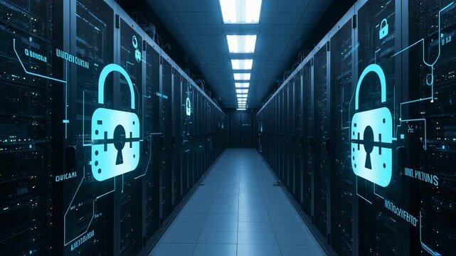 Server room with rows of racks and holographic padlocks representing the concept of cybersecurity and data protection