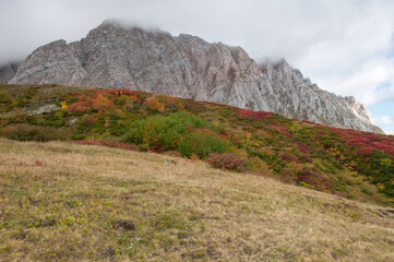 Republic of Adygea in late autumn with its picturesque grass-covered hill slopes and mountains, Russian Federation