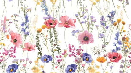 Seamless pattern of a blooming flower field on a white background, fresh and elegant design.

