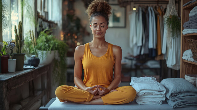 The calm image of a woman in meditation surrounded by neatly folded laundry conveys a sense of order, mindfulness, and tranquility