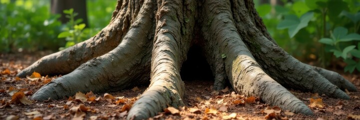 Ancient wooden tree trunk with bark and roots exposed,  natural history, brown grunge wooden texture
