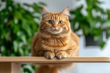 Ginger tabby cat perched on a wooden shelf, gazing directly at the camera with curious eyes.