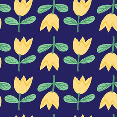 Navy background with a repeating pattern of yellow flowers and green stems, ideal for bold floral-themed decor and crafts.