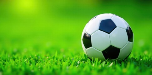 Obraz premium Flat soccer ball icon on a green grass background, grassfield, fans