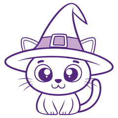Cartoon Cat Wearing Witch Hat. Cute Kitten in Purple Outline on White